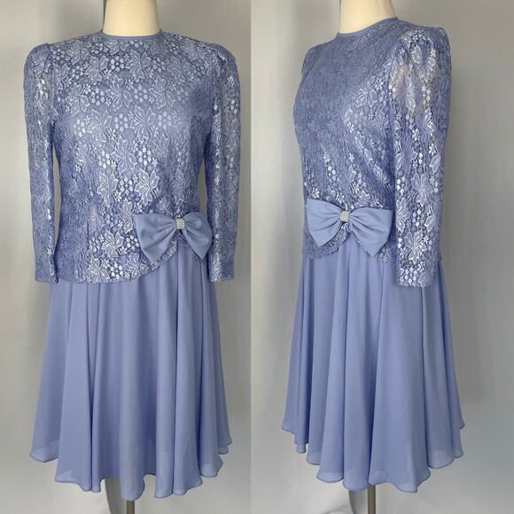 Vintage Cocktail Dress Size 14 Light Blue Lace Bow Puff Sleeve Formal Party Midi - Picture 16 of 16